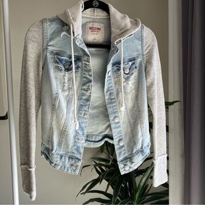 Acid Wash Denim Jacket with Striped Hood and Sleeves